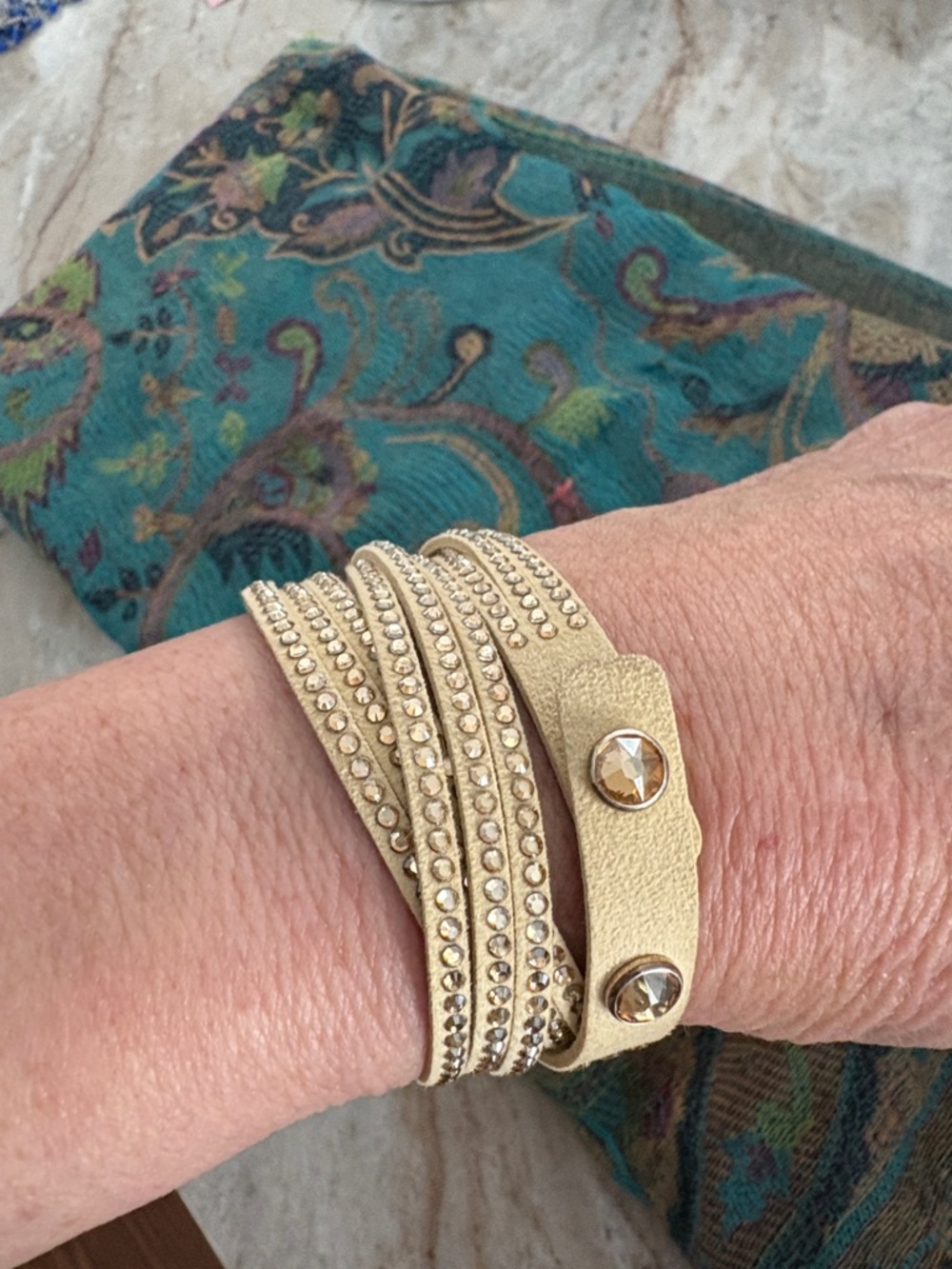 Touchstone Crystal-Embellished Triple Wrap Leather Bracelet - Golden